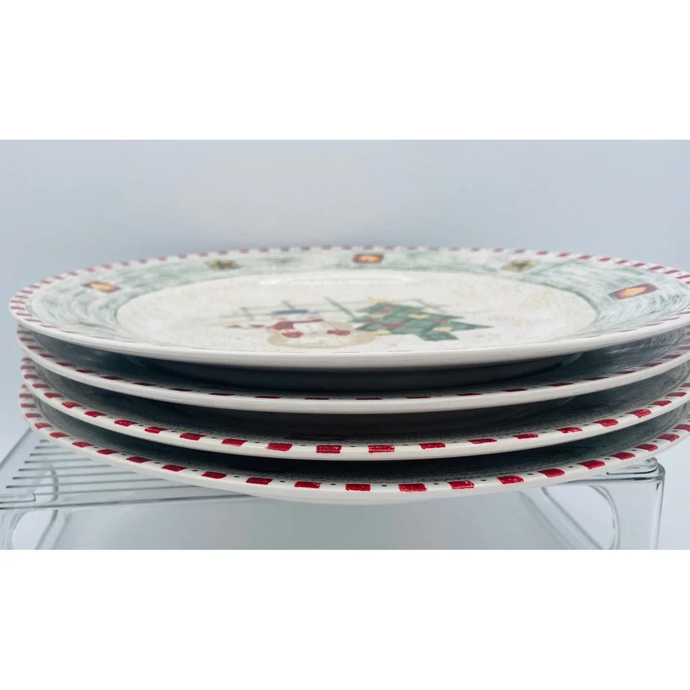 Gibson Housewares Dinner Plates Set of 4 Christmas Snowman Tree 10.5 Inch